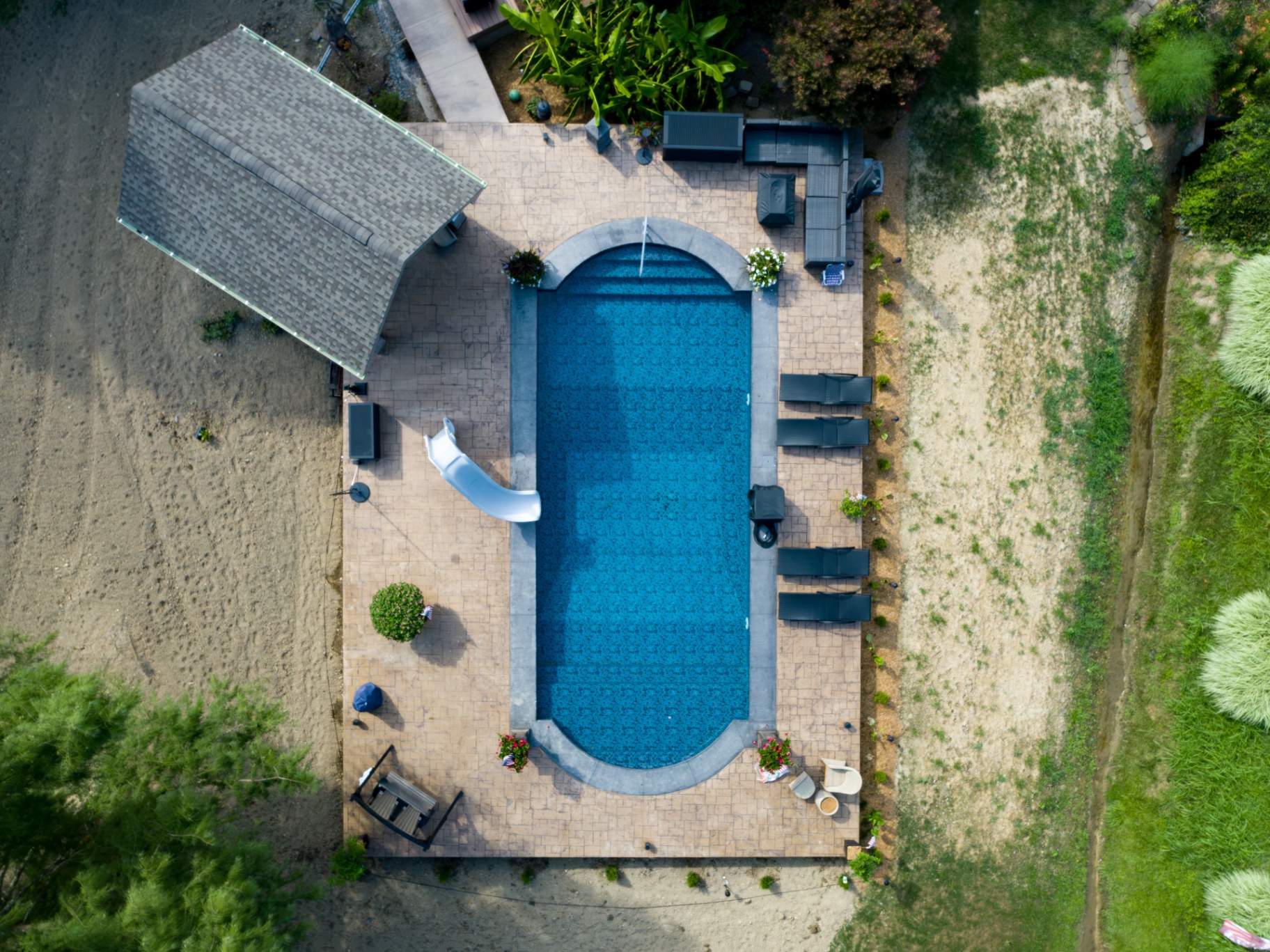 Aerial view of custom in-ground pool build